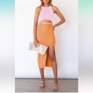 Pink Women's Cutout Crew Neck Sleeveless Tank Slit Ribbed Bodycon Midi Dresses